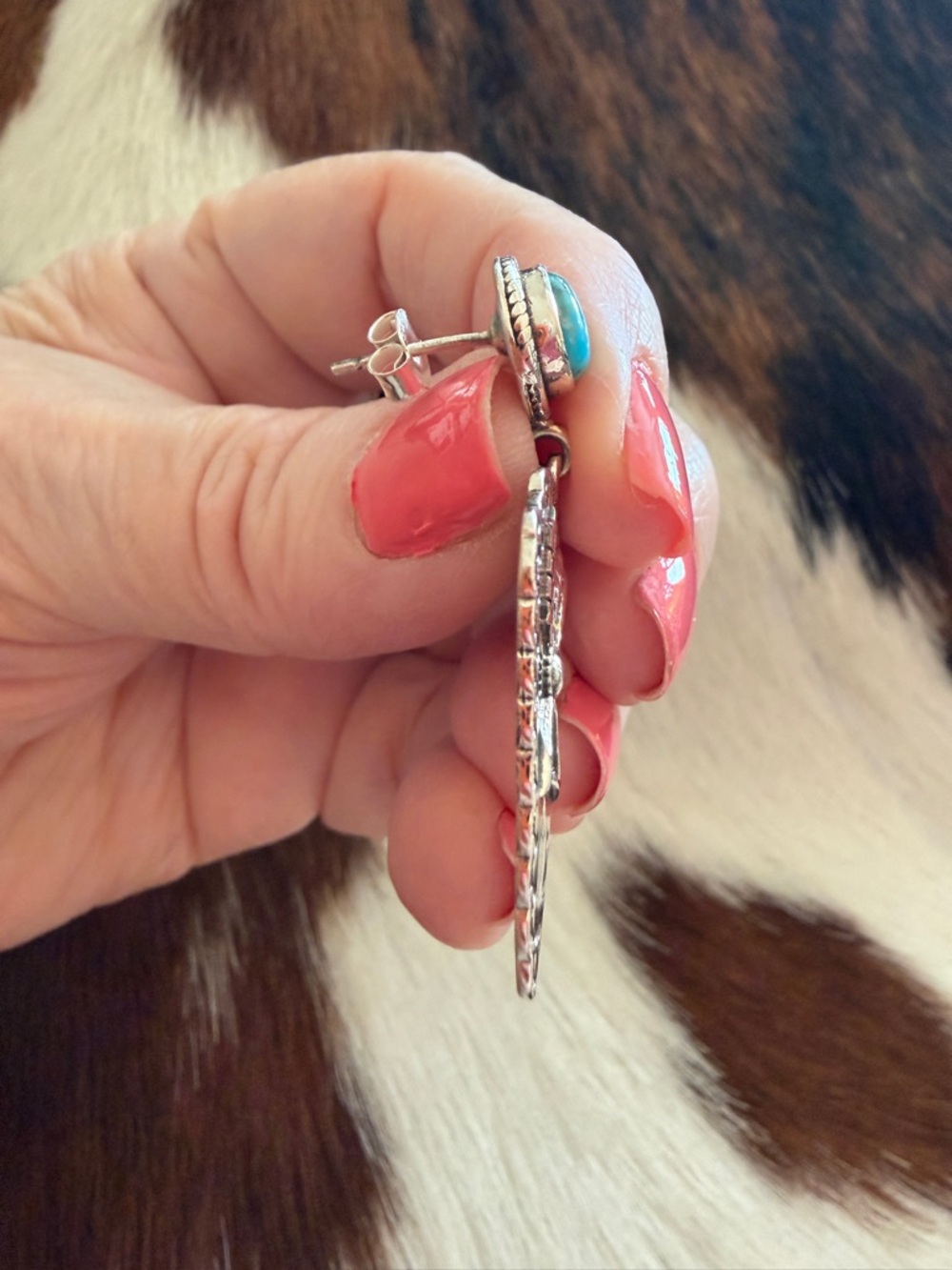 ❤️Kingman Turquoise Arrowhead Sterling Silver Symbol Hand Stamped Earrings 13.2G - Picture 10 of 15